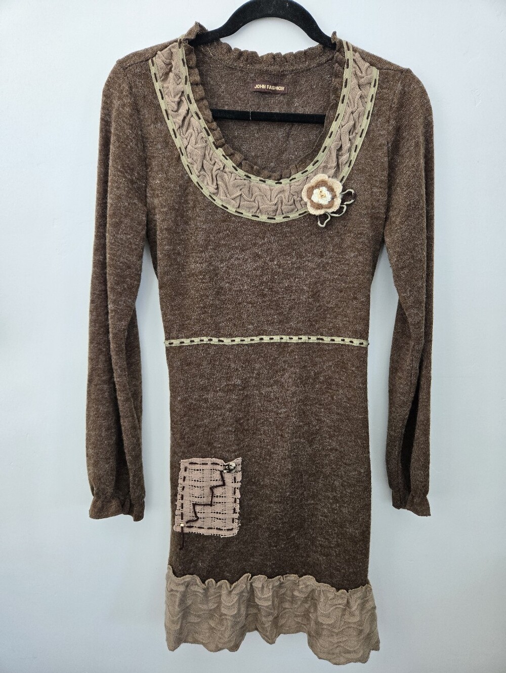 John Fashion Y2K Wool Blend Patchwork whimsical cottagecore Sweater Dress. Large
